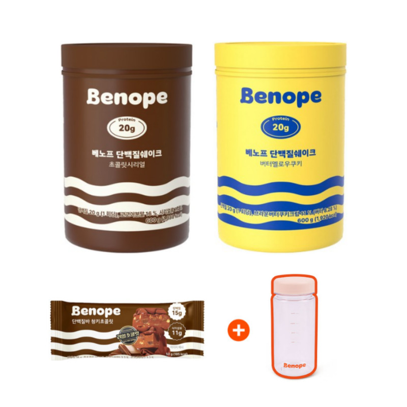 단백질쉐이크 600g 2통(초콜릿시리얼,버터멜로우쿠키)+보틀1병+리테일단백질바1개(청키초콜릿)