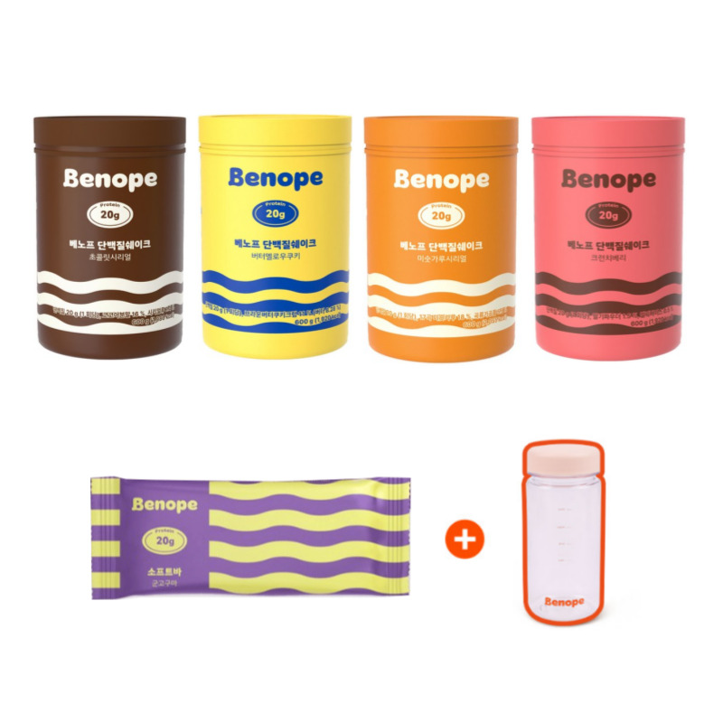 단백질쉐이크 600g 4통(초콜릿시리얼,버터멜로우쿠키,미숫가루시리얼,크런치베리)+보틀1병+소프트바1개(군고구마)